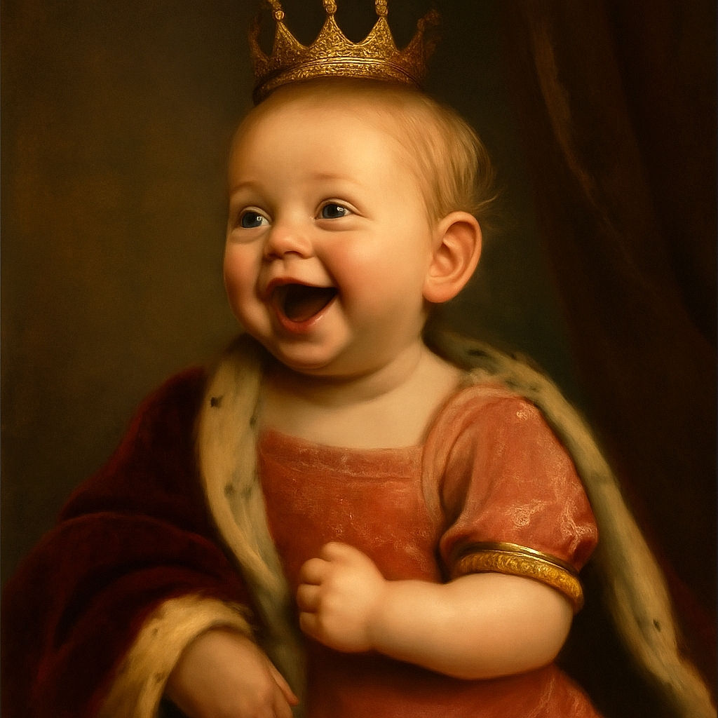 A joyful toddler with a tiny ponytail laughs heartily while being held up, wearing a bright pink shirt, with a rustic wooden door and colorful chains in the background adding a quirky touch.