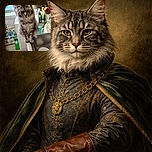 A fluffy gray tabby cat perched on the edge of a kitchen counter next to a sink with dishes, surrounded by various kitchen cleaning supplies and utensils, looking intently at the camera with a slightly sleepy expression.