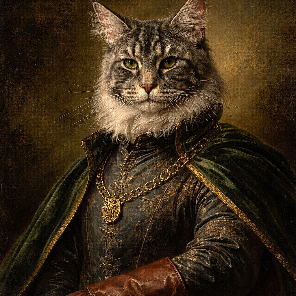 A fluffy gray tabby cat perched on the edge of a kitchen counter next to a sink with dishes, surrounded by various kitchen cleaning supplies and utensils, looking intently at the camera with a slightly sleepy expression.