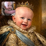 A cheerful baby sitting in a high chair with a mischievous smile, surrounded by a cozy kitchen background filled with everyday items, capturing a candid moment of joy.