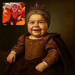 A cheerful baby dressed in autumn hues is nestled among a vibrant pumpkin patch, sporting a cute headband and a big smile that outshines the sunny day.