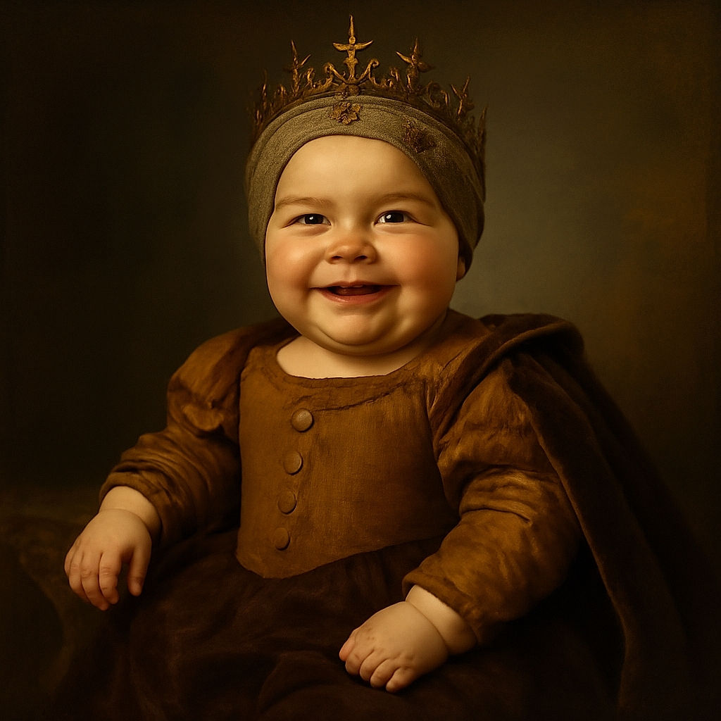 A cheerful baby dressed in autumn hues is nestled among a vibrant pumpkin patch, sporting a cute headband and a big smile that outshines the sunny day.