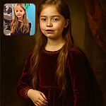 A young girl with long blonde hair and a velvet maroon dress stands smiling slightly in a cluttered room with towels hanging on a blue door behind her, giving off a casual home vibe.