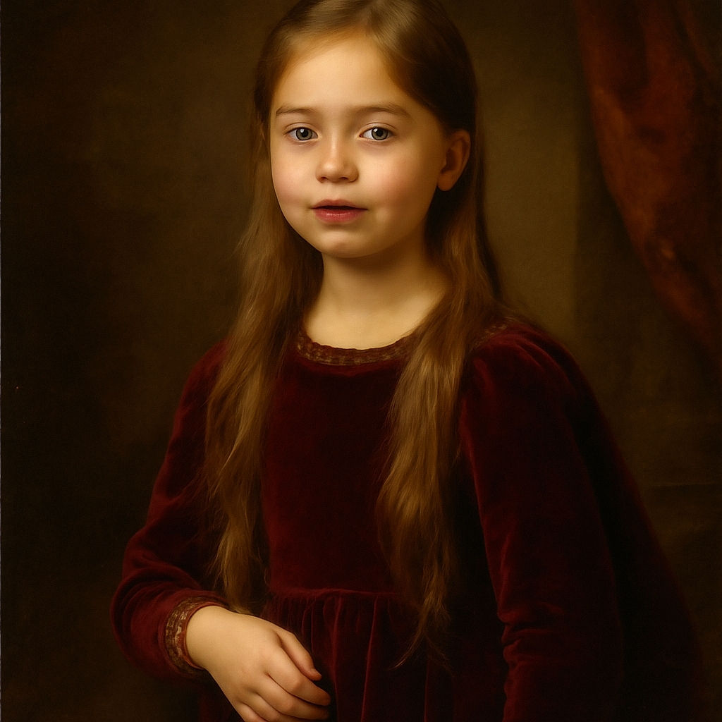 A young girl with long blonde hair and a velvet maroon dress stands smiling slightly in a cluttered room with towels hanging on a blue door behind her, giving off a casual home vibe.