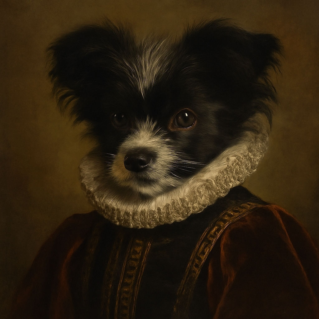 A fluffy black and white puppy is resting its head on a white surface, looking curiously at the camera with soft light highlighting its fur, while the background shows a cozy indoor setting with some plants and framed pictures.