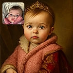 An adorable baby with big blue eyes gazes curiously, bundled snugly in a fluffy pink jacket, surrounded by soft cream fabric that adds a cozy vibe to the close-up portrait.