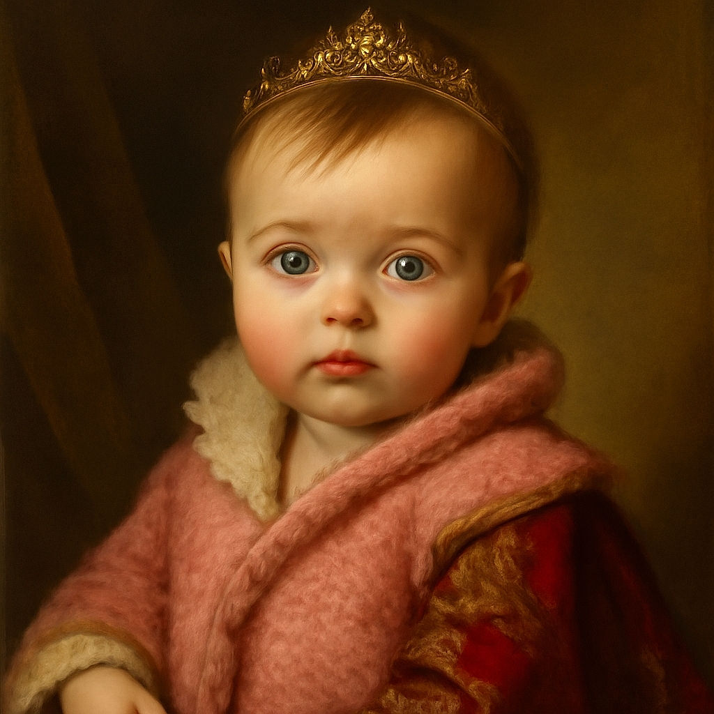 An adorable baby with big blue eyes gazes curiously, bundled snugly in a fluffy pink jacket, surrounded by soft cream fabric that adds a cozy vibe to the close-up portrait.