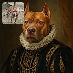 A sturdy brown dog with cropped ears stands alert on a gravel surface near a concrete bench, leash attached and eyes focused on something off-camera, ready for action or a walk.