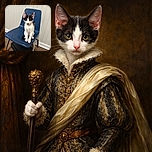 A curious black and white kitten sits neatly on a blue plastic chair, looking directly at the camera with a slightly serious expression. The background features a simple white paneled wall and wooden floor, giving a cozy indoor vibe.
