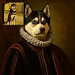 A striking husky dog with piercing blue eyes sits attentively on a street at night, held on a leash by a person partially visible wearing a leather jacket. The warm street lighting casts a cozy glow on the scene.
