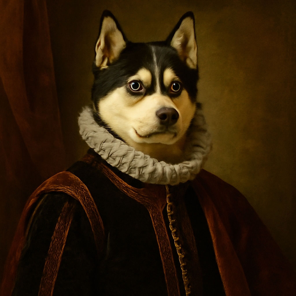 A striking husky dog with piercing blue eyes sits attentively on a street at night, held on a leash by a person partially visible wearing a leather jacket. The warm street lighting casts a cozy glow on the scene.
