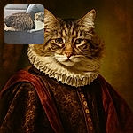 A fluffy tabby cat with white paws lounges comfortably on the armrest of a gray couch, casting a cool and relaxed gaze towards the camera in a softly lit room with wooden flooring.
