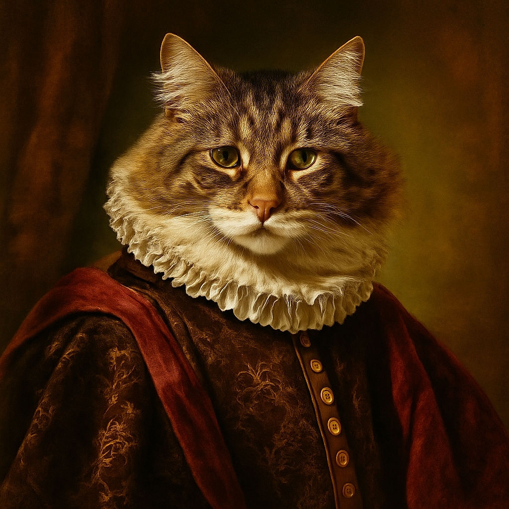 A fluffy tabby cat with white paws lounges comfortably on the armrest of a gray couch, casting a cool and relaxed gaze towards the camera in a softly lit room with wooden flooring.