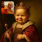 A warm and candid moment captured between a bearded man in an orange shirt and a smiling baby with curly hair, set against a softly lit bathroom background with glowing lights and tiled walls.