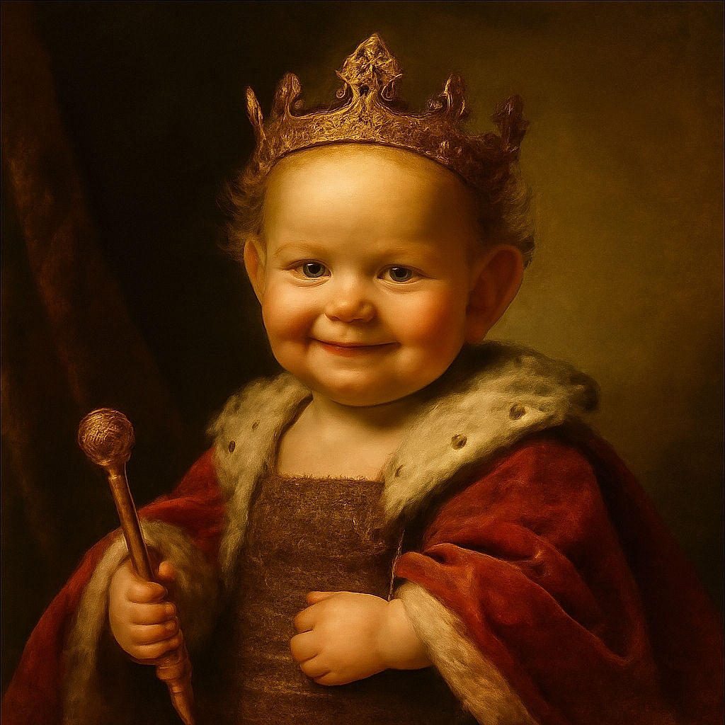 A warm and candid moment captured between a bearded man in an orange shirt and a smiling baby with curly hair, set against a softly lit bathroom background with glowing lights and tiled walls.