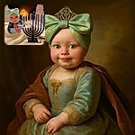 A charming baby with a large mint-green bow headband gazes curiously into the camera, resting on a soft cream blanket in front of a cozy fireplace. A menorah with lit candles stands prominently in the foreground, adding warmth and festive spirit to the scene.