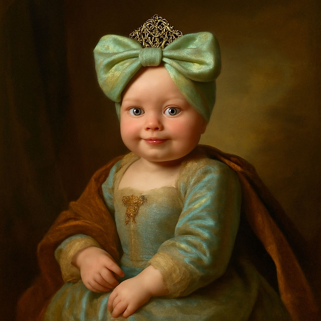 A charming baby with a large mint-green bow headband gazes curiously into the camera, resting on a soft cream blanket in front of a cozy fireplace. A menorah with lit candles stands prominently in the foreground, adding warmth and festive spirit to the scene.