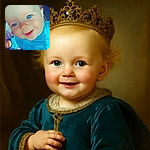 A close-up photo of a happy baby with strikingly bright blue eyes and a big smile, wearing a blue shirt that says 'little'. The background is softly blurred with hints of pink and white, making the baby's face the star of the shot.