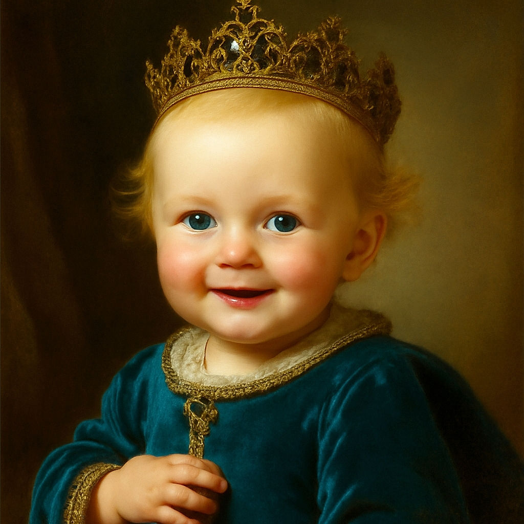A close-up photo of a happy baby with strikingly bright blue eyes and a big smile, wearing a blue shirt that says 'little'. The background is softly blurred with hints of pink and white, making the baby's face the star of the shot.