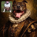 A happy dog with a spiked collar sits on the grass with its mouth wide open and tongue hanging out, looking like it's smiling big on a bright day in the park.