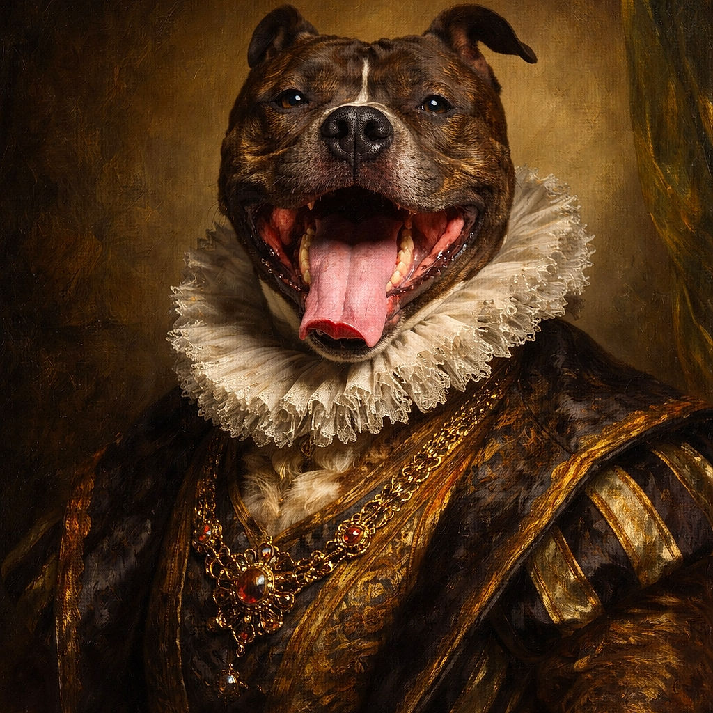 A happy dog with a spiked collar sits on the grass with its mouth wide open and tongue hanging out, looking like it's smiling big on a bright day in the park.