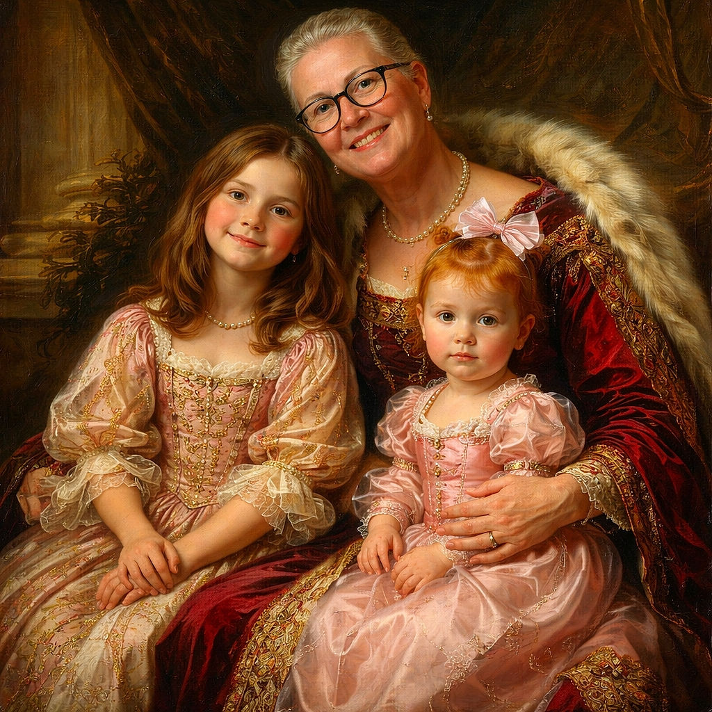 Three generations of heart-powered chaos: a beaming grandma squeezes a solemn baby and a giggling older sister, all decked out in pink-and-red heart prints while paper honeycomb hearts lounge on the floor and a snowy yard provides a dramatic backdrop.