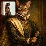 A regal Bengal cat sits poised on a wooden floor next to a rustic wooden post, its striking spotted coat and intense gaze making it look like the king of the house.