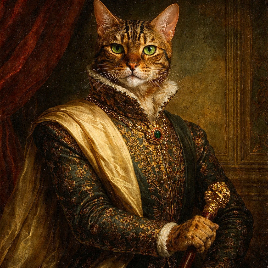 A regal Bengal cat sits poised on a wooden floor next to a rustic wooden post, its striking spotted coat and intense gaze making it look like the king of the house.