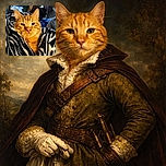 A cozy orange tabby cat wrapped snugly in a black and white zebra-striped blanket, giving a relaxed and slightly sleepy stare, with a softly blurred background of a home interior.