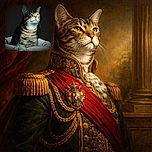 A majestic tabby cat sits regally in a cozy bed, bathed in dramatic lighting that highlights its dignified expression and soft fur patterns against a dark background.