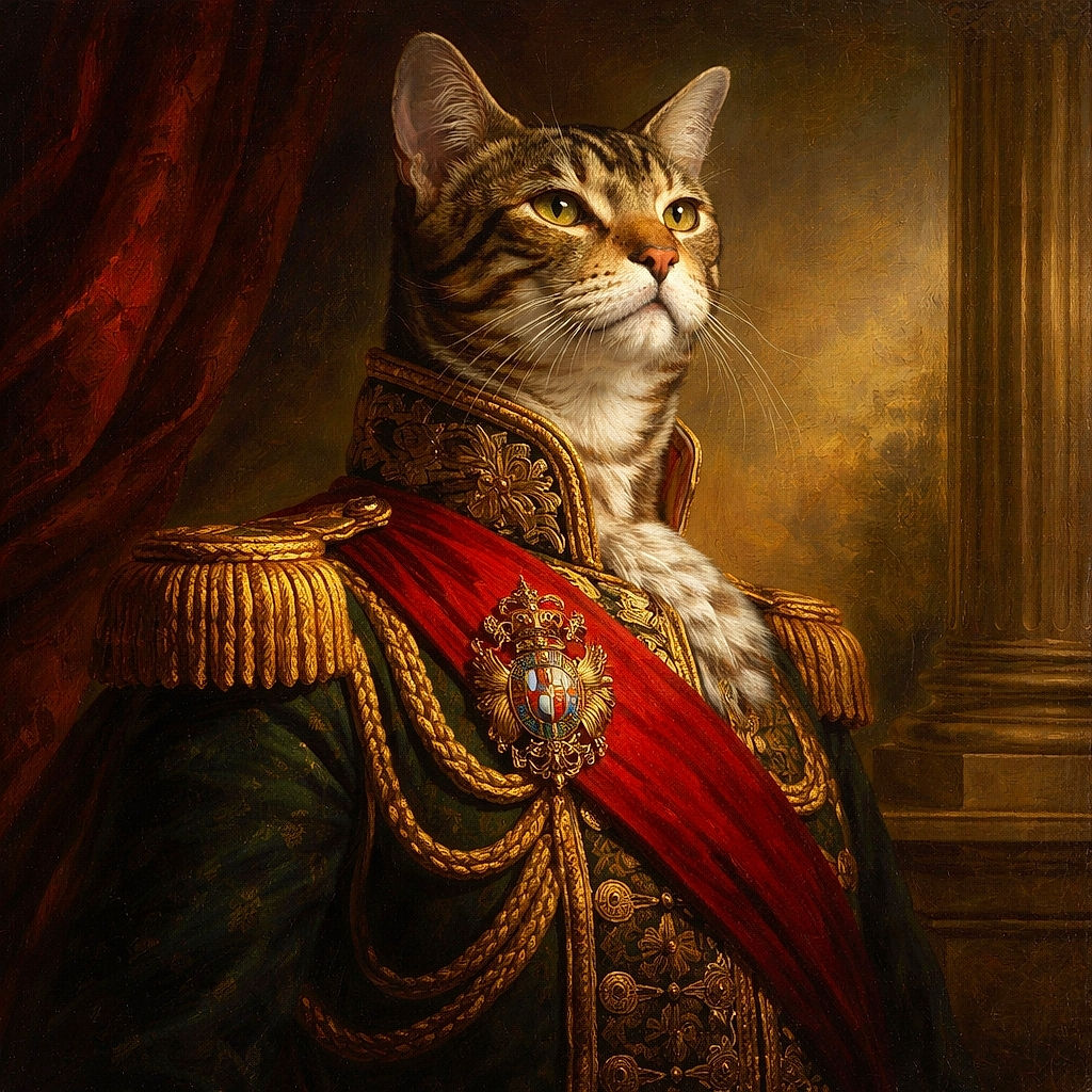 A majestic tabby cat sits regally in a cozy bed, bathed in dramatic lighting that highlights its dignified expression and soft fur patterns against a dark background.