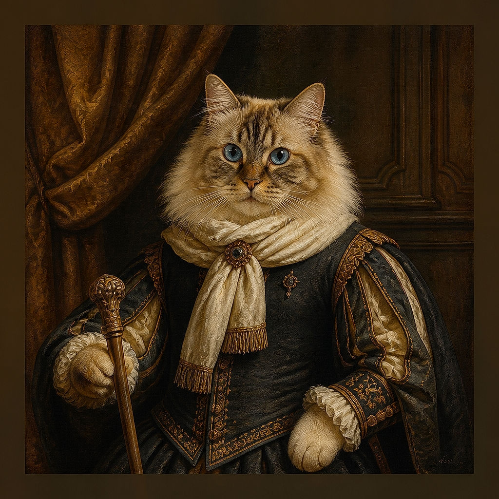 A fluffy blue-eyed cat sits proudly on a warm wooden kitchen counter, looking like it has been appointed head chef despite bringing absolutely no culinary qualifications. Utensils, bottles, a grinder, and a soap dispenser create a cozy kitchen backdrop.