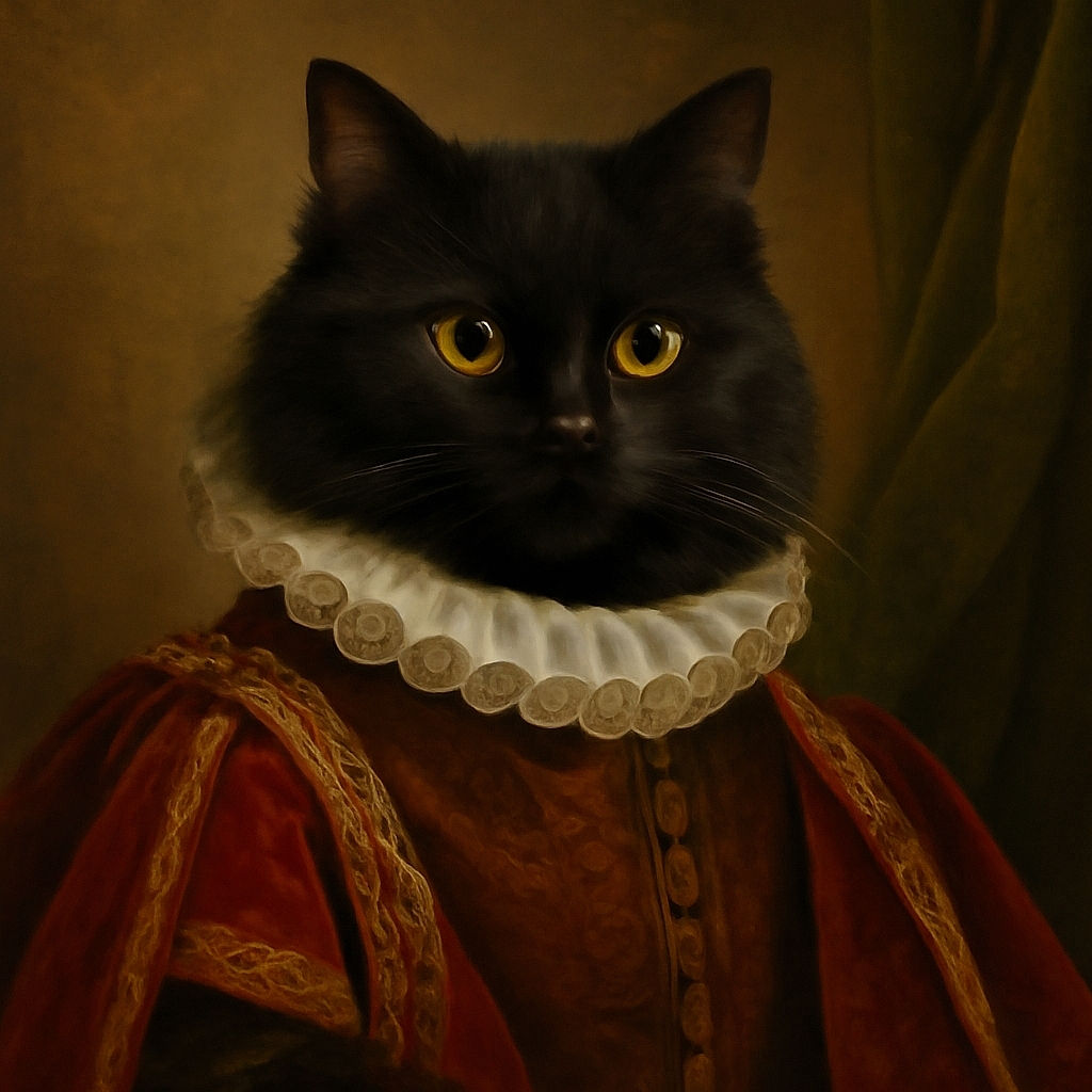 A fluffy black cat lounges on a wooden floor next to a curved cardboard scratcher, its bright yellow eyes staring intently at the camera with a mysterious and regal air.
