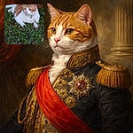 A chonky orange-and-white cat lounges like a furry loaf on the lawn, bell jingling as it surveys the backyard kingdom with golden eyes while tiny pink flowers dot the grass.