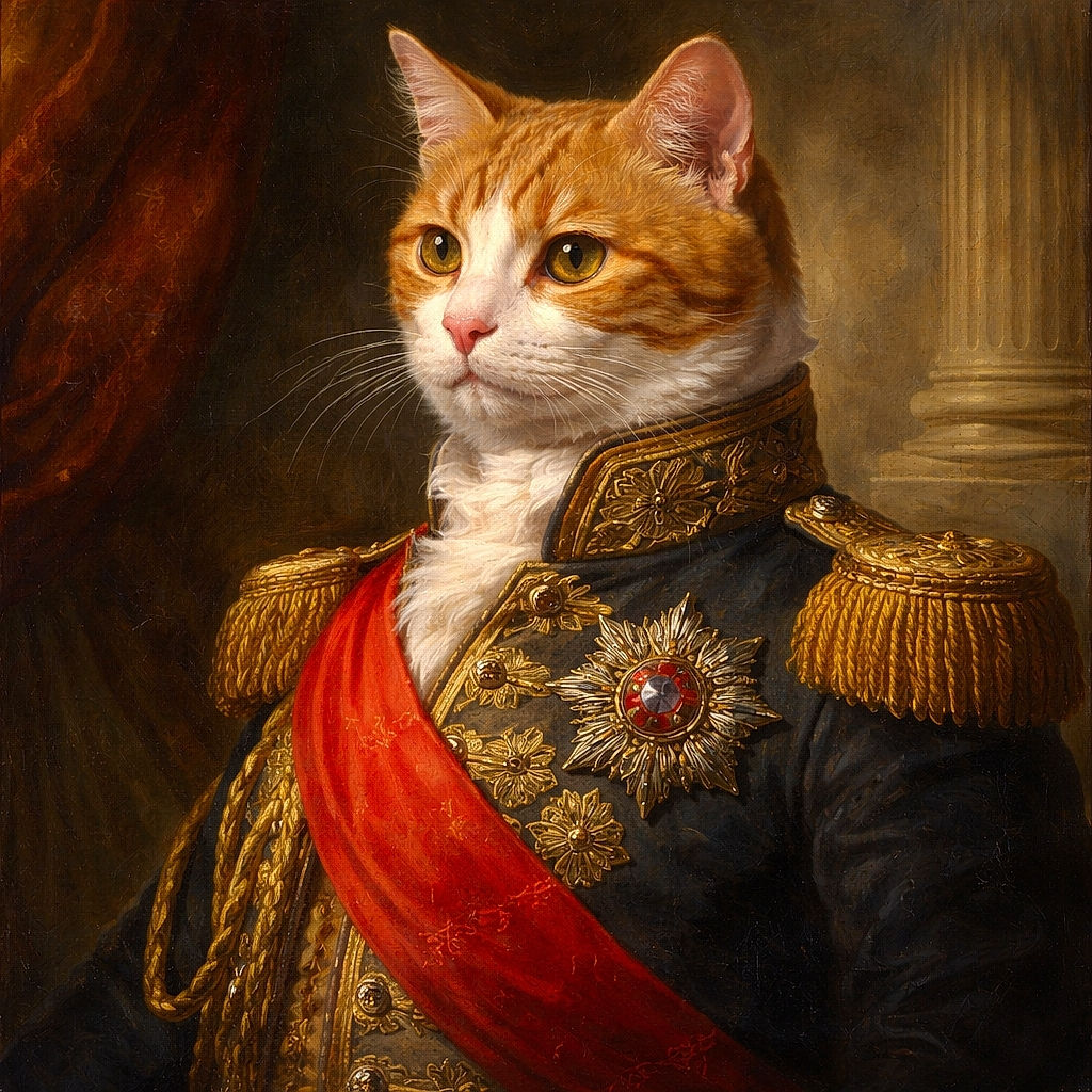 A chonky orange-and-white cat lounges like a furry loaf on the lawn, bell jingling as it surveys the backyard kingdom with golden eyes while tiny pink flowers dot the grass.