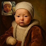 A close-up photo of a newborn baby wearing a striped hat and a cloud-patterned onesie, wrapped in a soft blue blanket, looking curiously at the camera with one mittened hand raised.