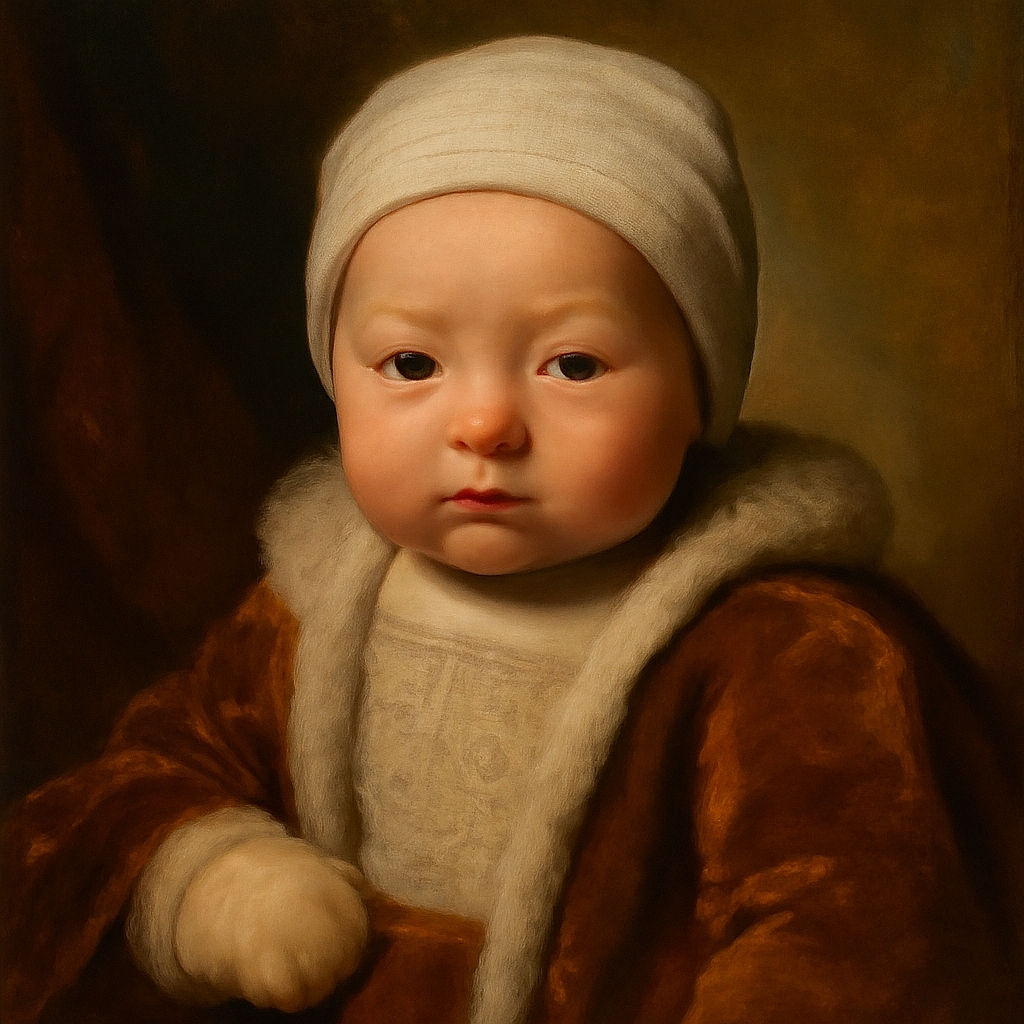 A close-up photo of a newborn baby wearing a striped hat and a cloud-patterned onesie, wrapped in a soft blue blanket, looking curiously at the camera with one mittened hand raised.