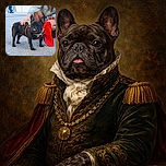 A charming brindle French Bulldog stands confidently on a stone pavement with its tongue playfully sticking out, while a person wearing a denim jacket and colorful bracelets gently pets its back. The dog sports a vibrant red, yellow, and blue accessory, adding a splash of color to the urban scene.