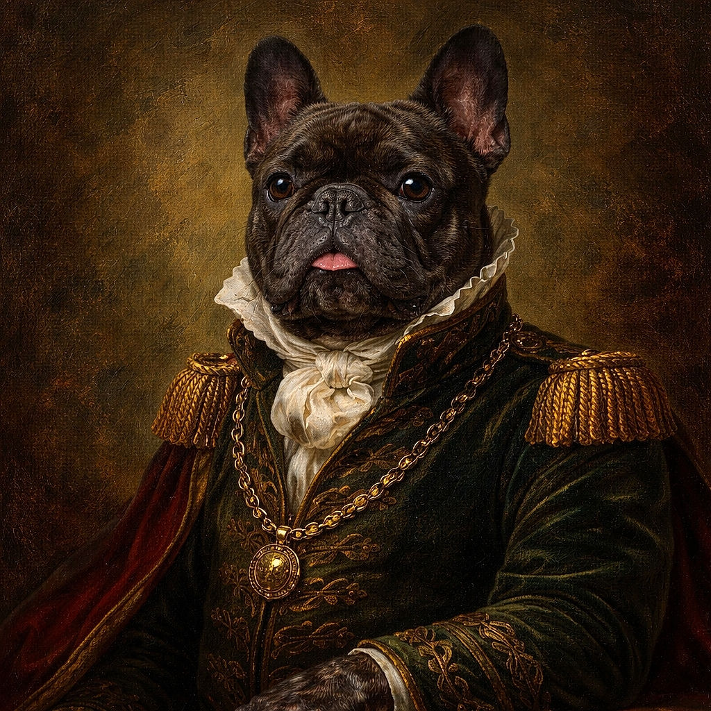 A charming brindle French Bulldog stands confidently on a stone pavement with its tongue playfully sticking out, while a person wearing a denim jacket and colorful bracelets gently pets its back. The dog sports a vibrant red, yellow, and blue accessory, adding a splash of color to the urban scene.