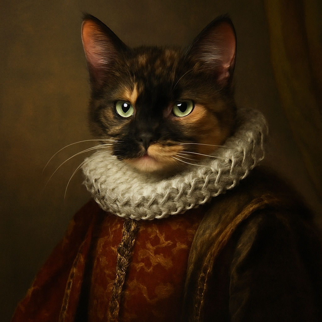 A close-up portrait of a tortoiseshell cat with striking green eyes and long whiskers, lounging comfortably against a dark, softly blurred background that highlights its colorful fur.