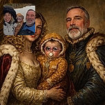 A cheerful family selfie in a snowy outdoor setting, featuring a smiling woman in a fluffy hooded jacket, a baby bundled up in a cute orange snowsuit with pink sunglasses and a pacifier, and a bearded man in a blue jacket. The trio looks cozy and happy, capturing a warm moment in the cold.