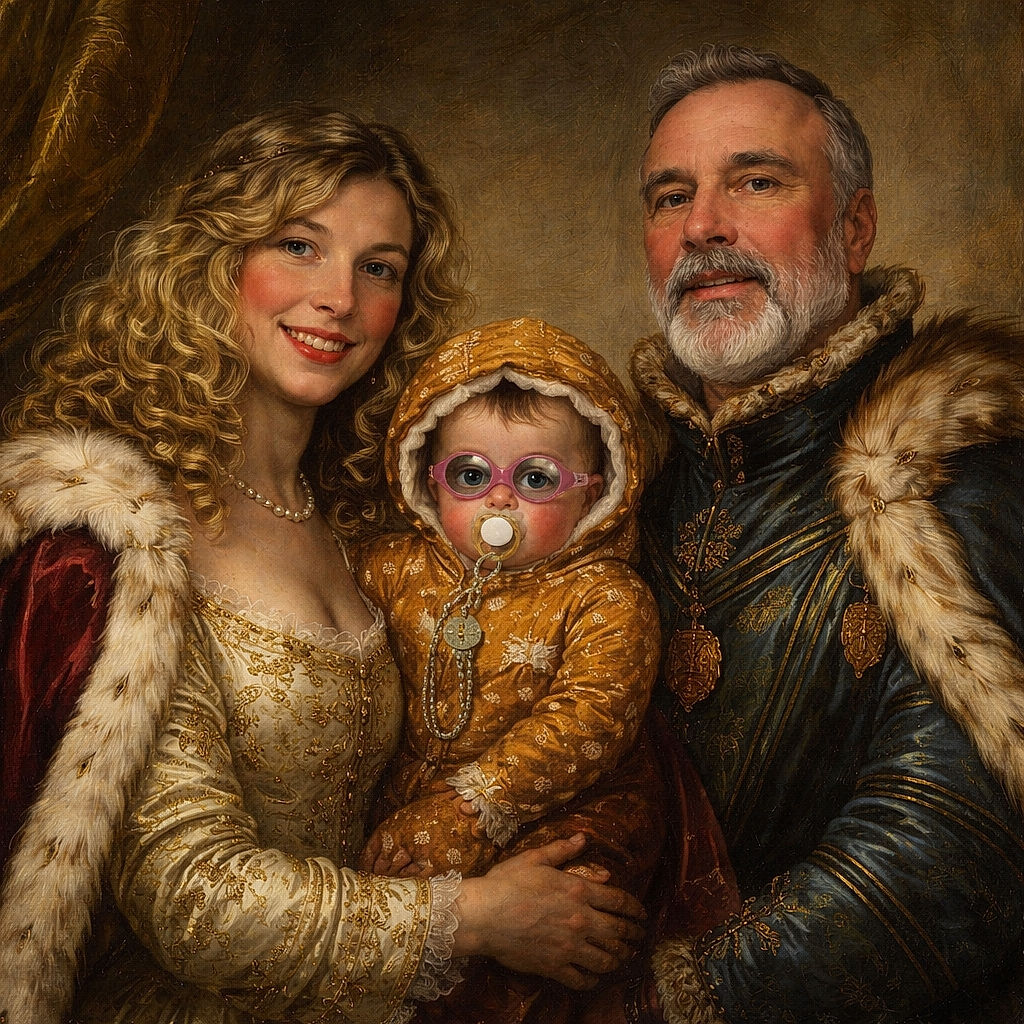 A cheerful family selfie in a snowy outdoor setting, featuring a smiling woman in a fluffy hooded jacket, a baby bundled up in a cute orange snowsuit with pink sunglasses and a pacifier, and a bearded man in a blue jacket. The trio looks cozy and happy, capturing a warm moment in the cold.