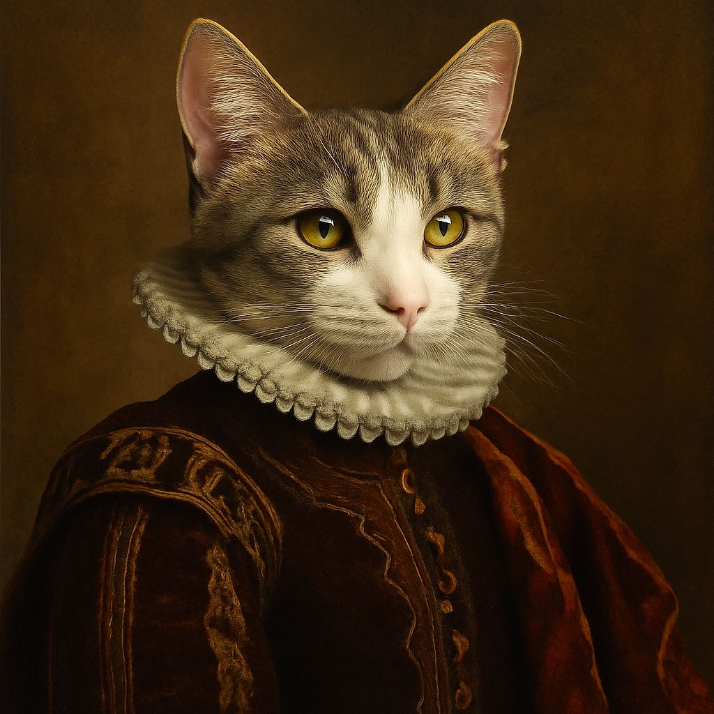 A curious cat with striking green eyes lounges on a beige cushioned surface, looking intently at something off-camera. The soft lighting highlights the cat's white and gray fur, creating a cozy and intimate indoor scene.