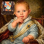 A curious baby sitting comfortably in a stroller, wearing a blue striped shirt, with fingers in mouth and wide eyes exploring the world, surrounded by everyday stroller accessories.