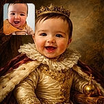 A joyful baby with bright eyes and a wide smile wearing a mustard bib and a light-colored shirt, captured indoors with a soft background and a cozy red blanket in the foreground.