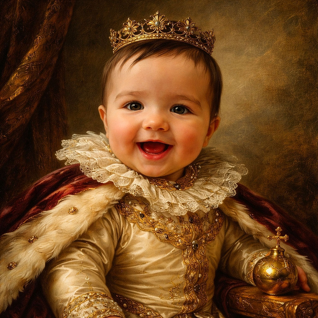 A joyful baby with bright eyes and a wide smile wearing a mustard bib and a light-colored shirt, captured indoors with a soft background and a cozy red blanket in the foreground.