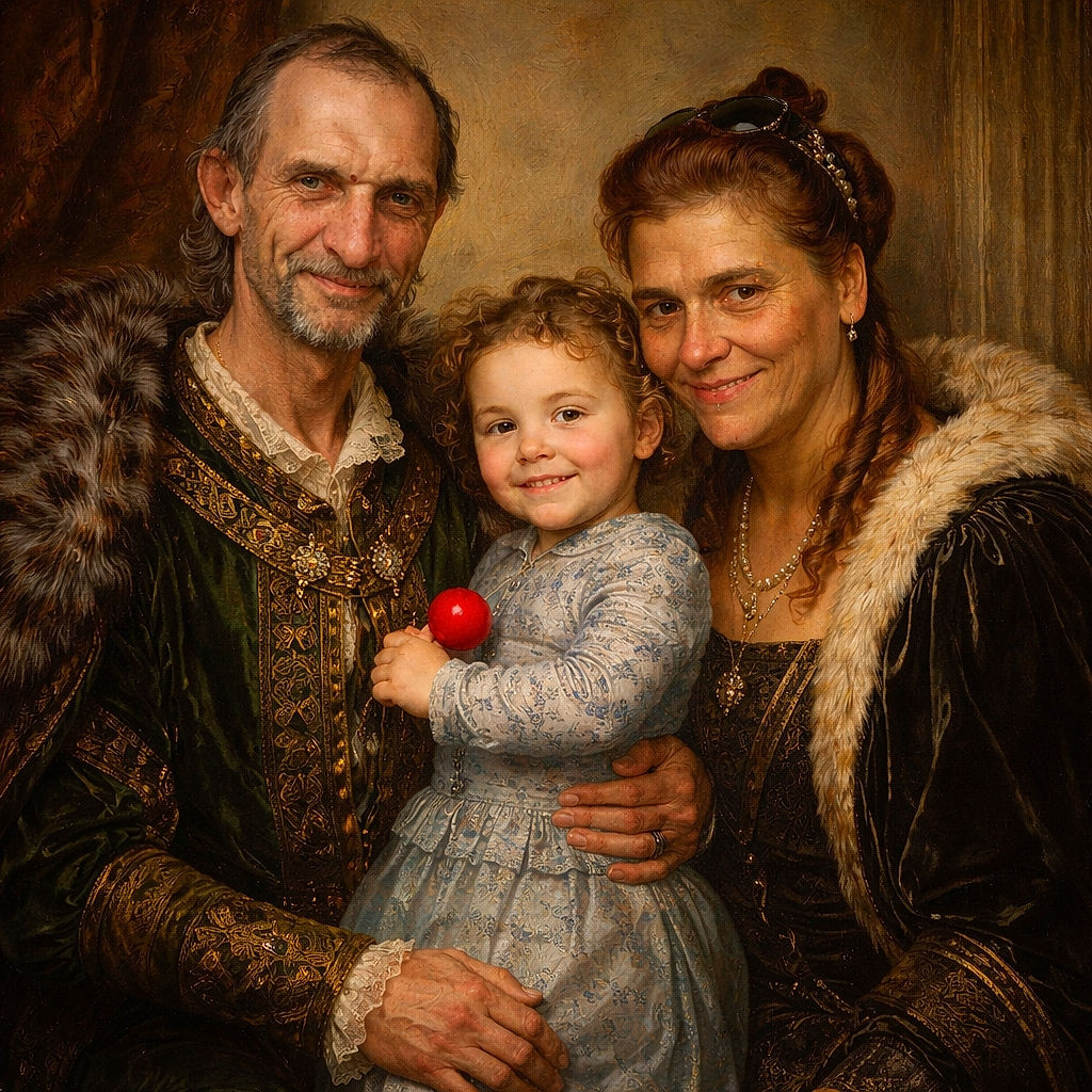 A cheerful family trio poses in front of a brick wall, with a man in a bright green shirt holding a smiling toddler dressed in colorful clothes, and a woman in black standing close with a warm smile, all radiating casual happiness on a sunny day.