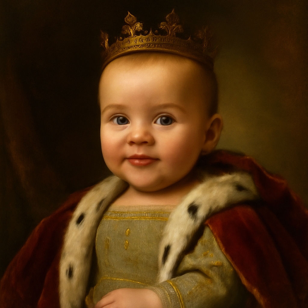 A chubby-cheeked baby with big curious eyes is caught mid-meal, sporting a green bib covered in cute animal prints and smeared with orange baby food, looking adorably messy and surprised while strapped into a high chair.