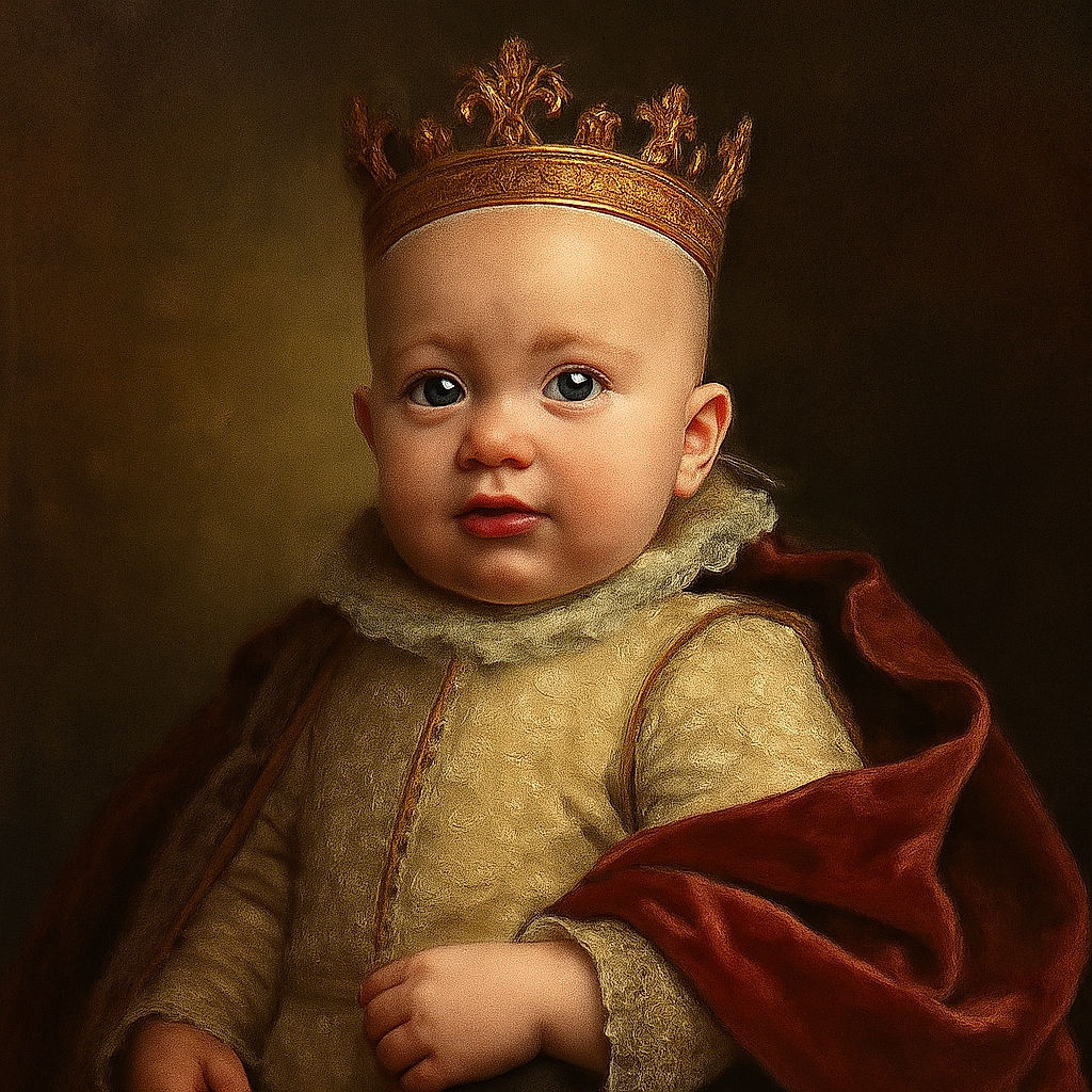 A close-up shot of a curious baby with big round eyes and chubby cheeks, looking straight at the camera. The baby's soft skin and subtle expressions are captured in warm indoor lighting, with a cozy home background slightly blurred behind.