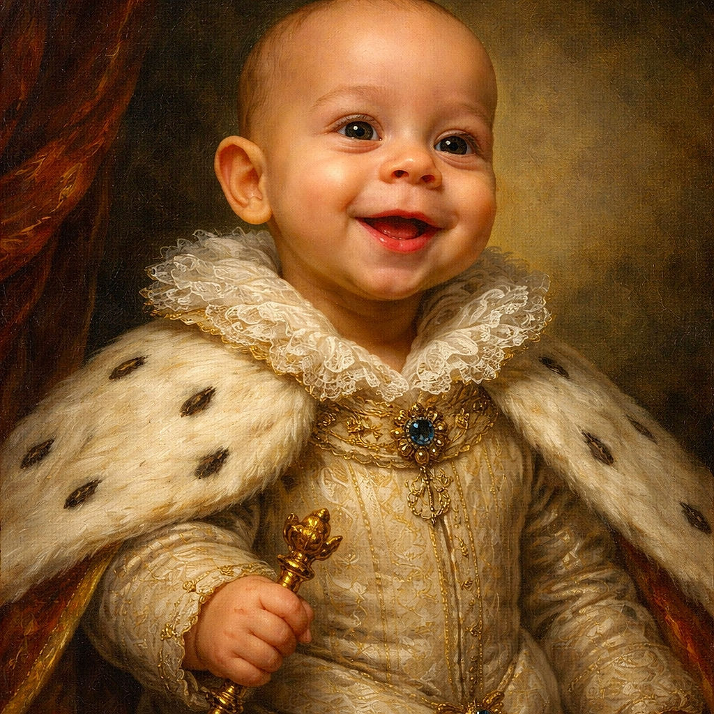 A gleeful baby grinning like a tiny stand-up comedian while clutching a glowing stuffed toy — cheeks like marshmallows, one tooth peeking through, and a cozy sweater making the whole scene impossible not to smile at.